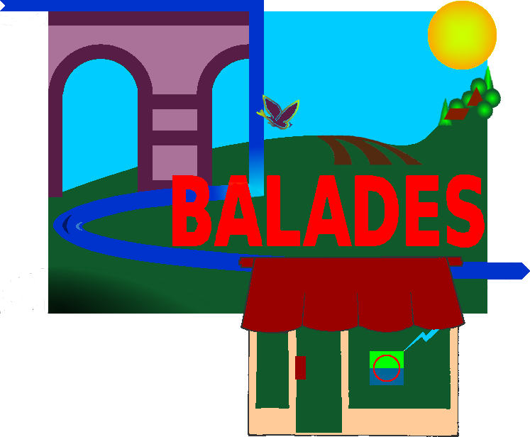 Dessin naïf contextuant succinctement les monts du Lyonnais (une dénivellation, des aqueducs romains, des villages, la nature). Balades en monts du Lyonnais logo balades-en-monts-du-lyonnais.com logoBalades.png